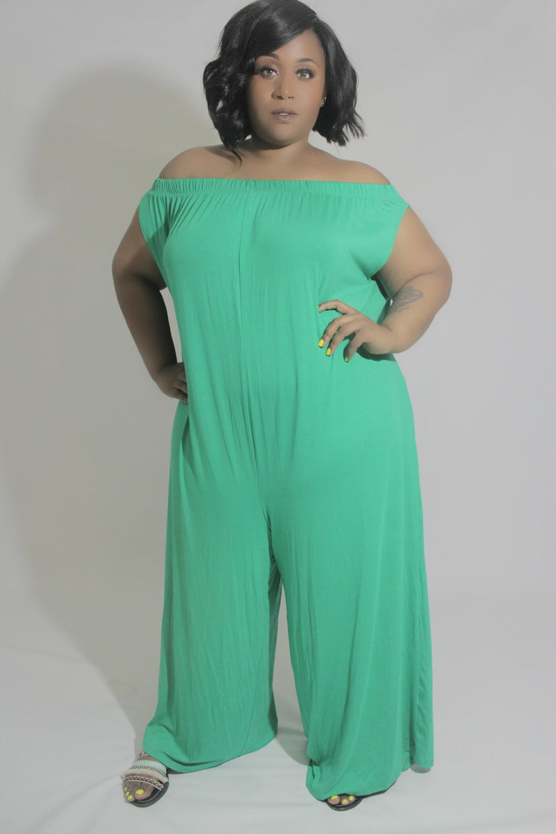 Cozzzy Jumpsuit - Green off the Shoulder Jumpsuit